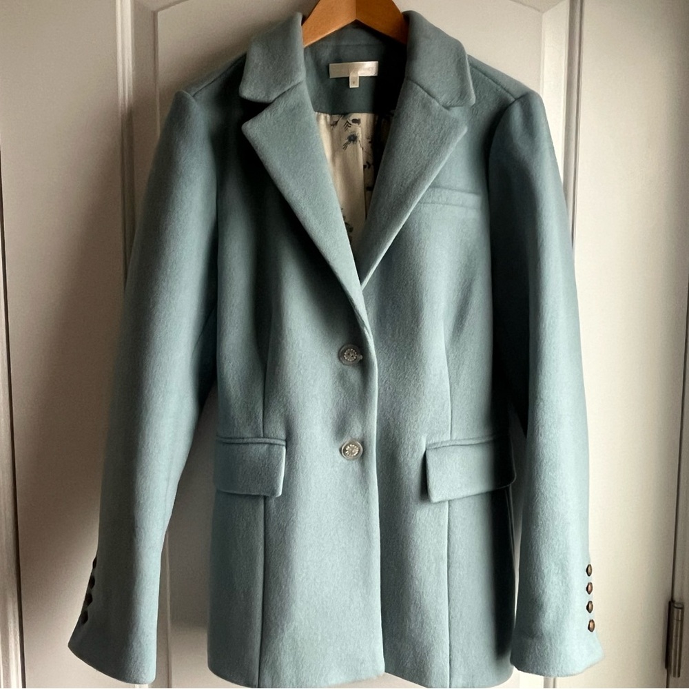 LoveShackFancy Lula Wool Blend Blazer Coat Robin’s Egg Blue - Crystal Buttons- 6